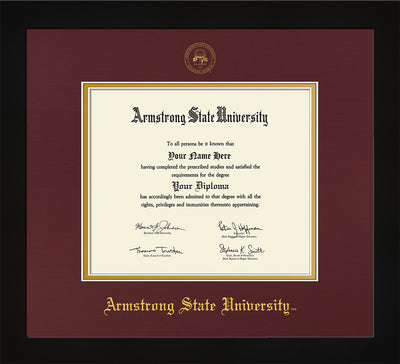 Image of Armstrong State University Diploma Frame - Flat Matte Black - w/Embossed ASU Seal & Name - Maroon on Gold mat