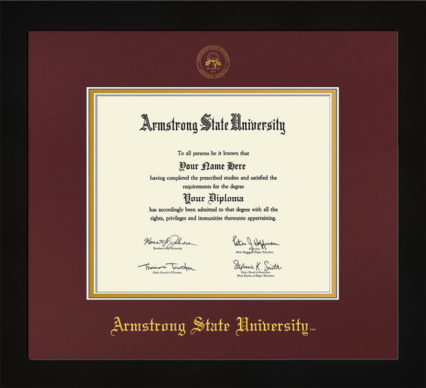 Image of Armstrong State University Diploma Frame - Flat Matte Black - w/Embossed ASU Seal & Name - Maroon on Gold mat