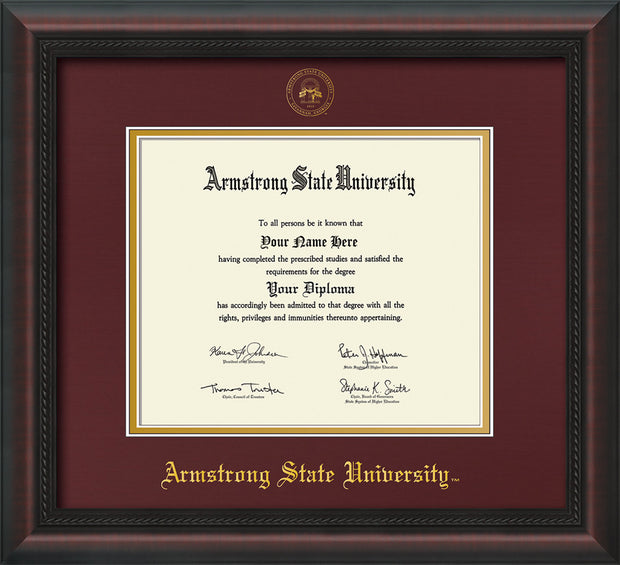 Image of Armstrong State University Diploma Frame - Mahogany Braid - w/Embossed ASU Seal & Name - Maroon on Gold mat