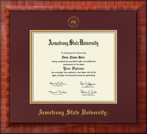 Image of Armstrong State University Diploma Frame - Mezzo Gloss - w/Embossed ASU Seal & Name - Maroon on Gold mat