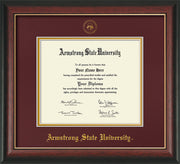 Image of Armstrong State University Diploma Frame - Rosewood w/Gold Lip - w/Embossed ASU Seal & Name - Maroon on Gold mat