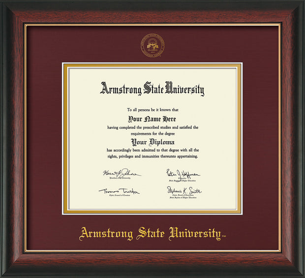 Image of Armstrong State University Diploma Frame - Rosewood w/Gold Lip - w/Embossed ASU Seal & Name - Maroon on Gold mat