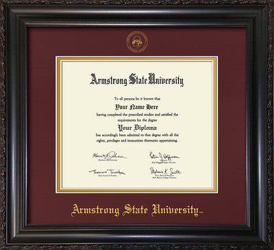 Image of Armstrong State University Diploma Frame - Vintage Black Scoop - w/Embossed ASU Seal & Name - Maroon on Gold mat