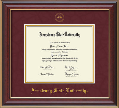 Image of Armstrong State University Diploma Frame - Cherry Lacquer - w/Embossed ASU Seal & Name - Maroon Suede on Gold mat