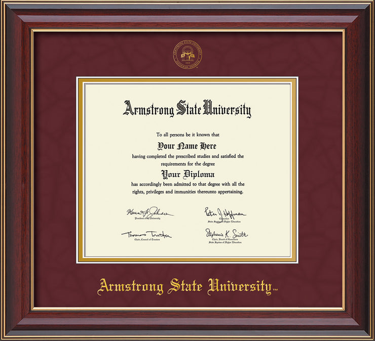 Image of Armstrong State University Diploma Frame - Cherry Lacquer - w/Embossed ASU Seal & Name - Maroon Suede on Gold mat