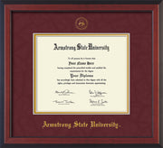 Image of Armstrong State University Diploma Frame - Cherry Reverse - w/Embossed ASU Seal & Name - Maroon Suede on Gold mat