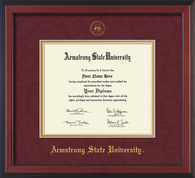 Image of Armstrong State University Diploma Frame - Cherry Reverse - w/Embossed ASU Seal & Name - Maroon Suede on Gold mat