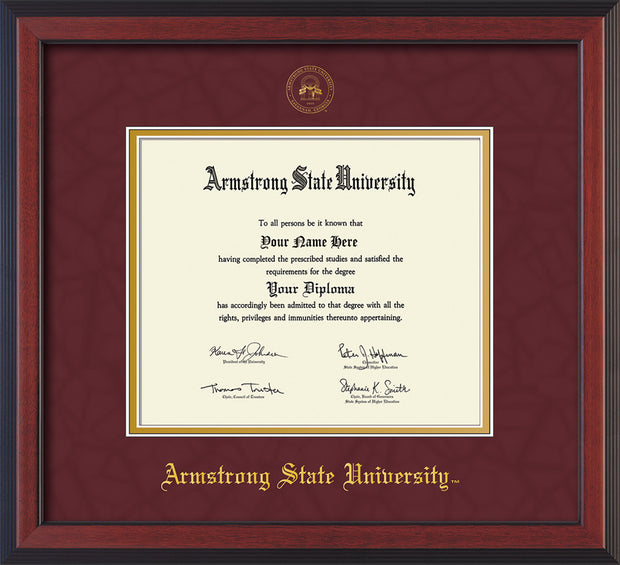 Image of Armstrong State University Diploma Frame - Cherry Reverse - w/Embossed ASU Seal & Name - Maroon Suede on Gold mat