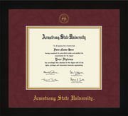 Image of Armstrong State University Diploma Frame - Flat Matte Black - w/Embossed ASU Seal & Name - Maroon Suede on Gold mat