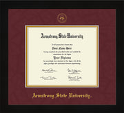 Image of Armstrong State University Diploma Frame - Flat Matte Black - w/Embossed ASU Seal & Name - Maroon Suede on Gold mat
