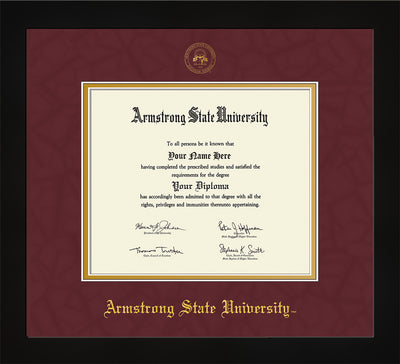 Image of Armstrong State University Diploma Frame - Flat Matte Black - w/Embossed ASU Seal & Name - Maroon Suede on Gold mat