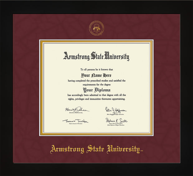 Image of Armstrong State University Diploma Frame - Flat Matte Black - w/Embossed ASU Seal & Name - Maroon Suede on Gold mat