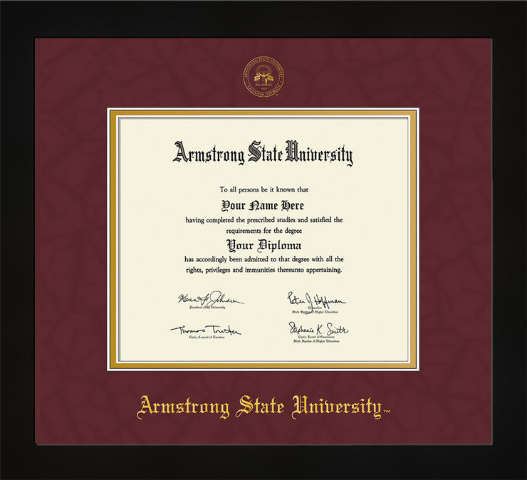 Image of Armstrong State University Diploma Frame - Flat Matte Black - w/Embossed ASU Seal & Name - Maroon Suede on Gold mat