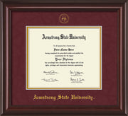 Image of Armstrong State University Diploma Frame - Mahogany Lacquer - w/Embossed ASU Seal & Name - Maroon Suede on Gold mat