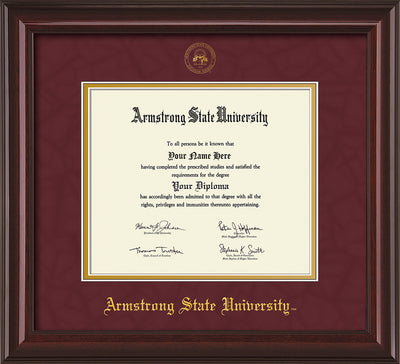 Image of Armstrong State University Diploma Frame - Mahogany Lacquer - w/Embossed ASU Seal & Name - Maroon Suede on Gold mat