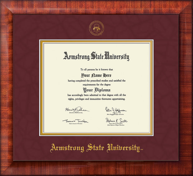 Image of Armstrong State University Diploma Frame - Mezzo Gloss - w/Embossed ASU Seal & Name - Maroon Suede on Gold mat