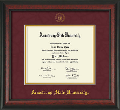 Image of Armstrong State University Diploma Frame - Rosewood - w/Embossed ASU Seal & Name - Maroon Suede on Gold mat