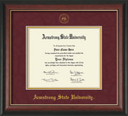 Image of Armstrong State University Diploma Frame - Rosewood w/Gold Lip - w/Embossed ASU Seal & Name - Maroon Suede on Gold mat