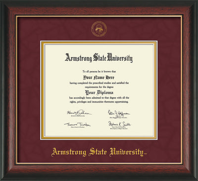 Image of Armstrong State University Diploma Frame - Rosewood w/Gold Lip - w/Embossed ASU Seal & Name - Maroon Suede on Gold mat