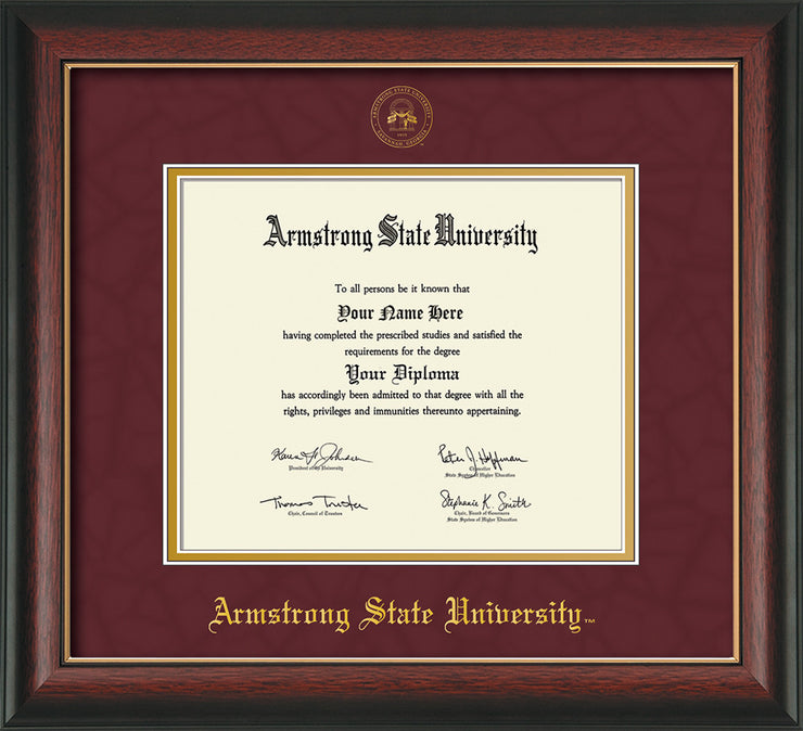 Image of Armstrong State University Diploma Frame - Rosewood w/Gold Lip - w/Embossed ASU Seal & Name - Maroon Suede on Gold mat