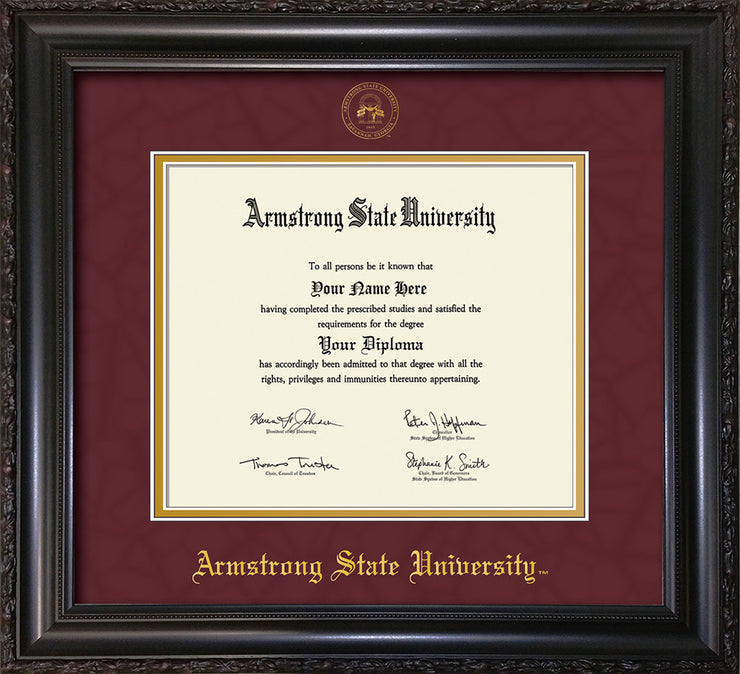 Image of Armstrong State University Diploma Frame - Vintage Black Scoop - w/Embossed ASU Seal & Name - Maroon Suede on Gold mat