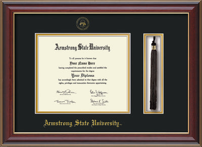 Image of Armstrong State University Diploma Frame - Cherry Lacquer - w/Embossed ASU Seal & Name - Tassel Holder - Black on Gold mat