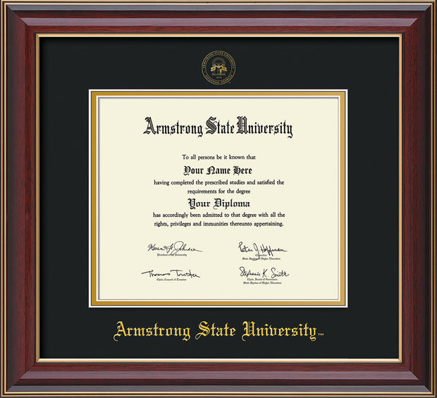 Image of Armstrong State University Diploma Frame - Cherry Lacquer - w/Embossed ASU Seal & Name - Black on Gold mat