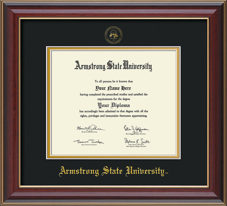 Image of Armstrong State University Diploma Frame - Cherry Lacquer - w/Embossed ASU Seal & Name - Black on Gold mat