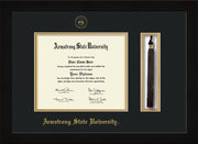 Image of Armstrong State University Diploma Frame - Flat Matte Black - w/Embossed ASU Seal & Name - Tassel Holder - Black on Gold mat