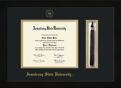 Image of Armstrong State University Diploma Frame - Flat Matte Black - w/Embossed ASU Seal & Name - Tassel Holder - Black on Gold mat