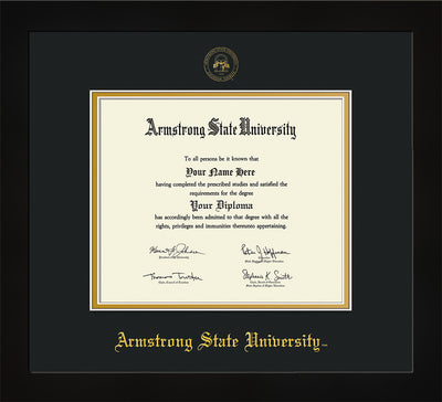 Image of Armstrong State University Diploma Frame - Flat Matte Black - w/Embossed ASU Seal & Name - Black on Gold mat
