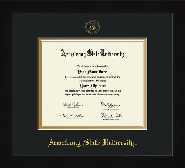 Image of Armstrong State University Diploma Frame - Flat Matte Black - w/Embossed ASU Seal & Name - Black on Gold mat