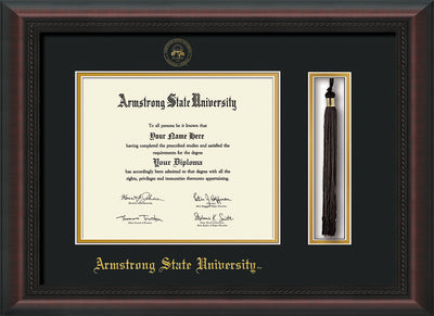 Image of Armstrong State University Diploma Frame - Mahogany Braid - w/Embossed ASU Seal & Name - Tassel Holder - Black on Gold mat