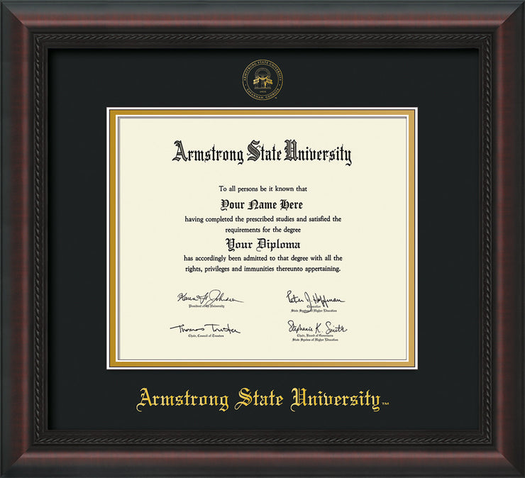 Image of Armstrong State University Diploma Frame - Mahogany Braid - w/Embossed ASU Seal & Name - Black on Gold mat