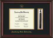 Image of Armstrong State University Diploma Frame - Mahogany Lacquer - w/Embossed ASU Seal & Name - Tassel Holder - Black on Gold mat