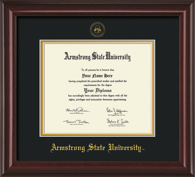 Image of Armstrong State University Diploma Frame - Mahogany Lacquer - w/Embossed ASU Seal & Name - Black on Gold mat