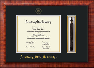 Image of Armstrong State University Diploma Frame - Mezzo Gloss - w/Embossed ASU Seal & Name - Tassel Holder - Black on Gold mat