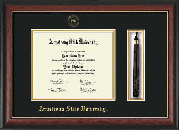 Image of Armstrong State University Diploma Frame - Rosewood w/Gold Lip - w/Embossed ASU Seal & Name - Tassel Holder - Black on Gold mat