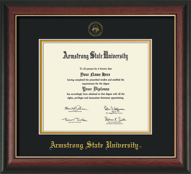Image of Armstrong State University Diploma Frame - Rosewood w/Gold Lip - w/Embossed ASU Seal & Name - Black on Gold mat