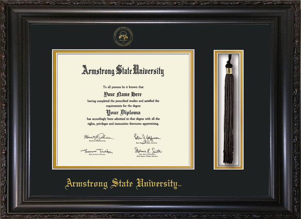 Image of Armstrong State University Diploma Frame - Vintage Black Scoop - w/Embossed ASU Seal & Name - Tassel Holder - Black on Gold mat
