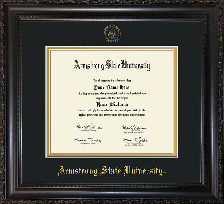 Image of Armstrong State University Diploma Frame - Vintage Black Scoop - w/Embossed ASU Seal & Name - Black on Gold mat