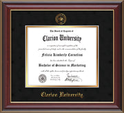 Image of Clarion University of Pennsylvania Diploma Frame - Cherry Lacquer - w/Embossed Seal & Name - Black Suede on Gold mat