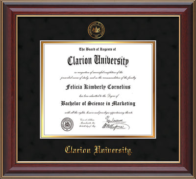 Image of Clarion University of Pennsylvania Diploma Frame - Cherry Lacquer - w/Embossed Seal & Name - Black Suede on Gold mat