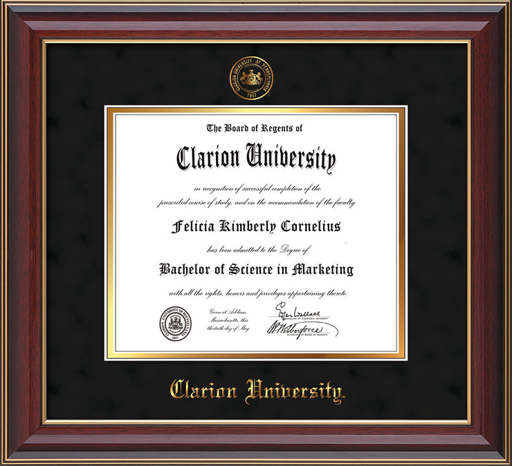 Image of Clarion University of Pennsylvania Diploma Frame - Cherry Lacquer - w/Embossed Seal & Name - Black Suede on Gold mat