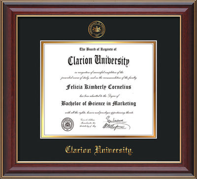 Image of Clarion University of Pennsylvania Diploma Frame - Cherry Lacquer - w/Embossed Seal & Name - Black on Gold mat