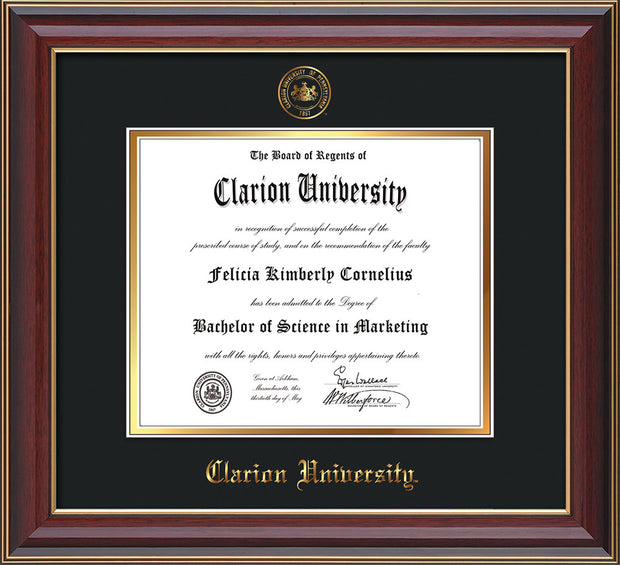 Image of Clarion University of Pennsylvania Diploma Frame - Cherry Lacquer - w/Embossed Seal & Name - Black on Gold mat
