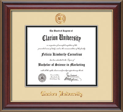 Image of Clarion University of Pennsylvania Diploma Frame - Cherry Lacquer - w/Embossed Seal & Name - Cream on Black mat