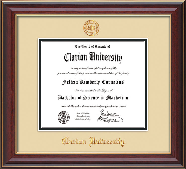 Image of Clarion University of Pennsylvania Diploma Frame - Cherry Lacquer - w/Embossed Seal & Name - Cream on Black mat