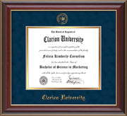 Image of Clarion University of Pennsylvania Diploma Frame - Cherry Lacquer - w/Embossed Seal & Name - Navy Suede on Gold mat