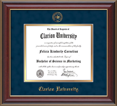 Image of Clarion University of Pennsylvania Diploma Frame - Cherry Lacquer - w/Embossed Seal & Name - Navy Suede on Gold mat